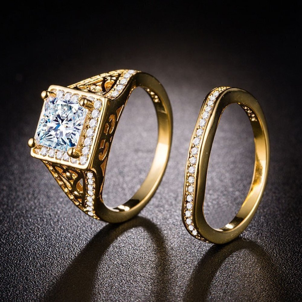 💞  Attractive 18K Gold Plated CZ Wedding Couple Ring, FB16FA1032